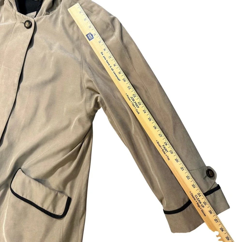 Vintage Tan Hooded Duster Coat Black‎ Piping Maxi Trench Dark Academia Size 10